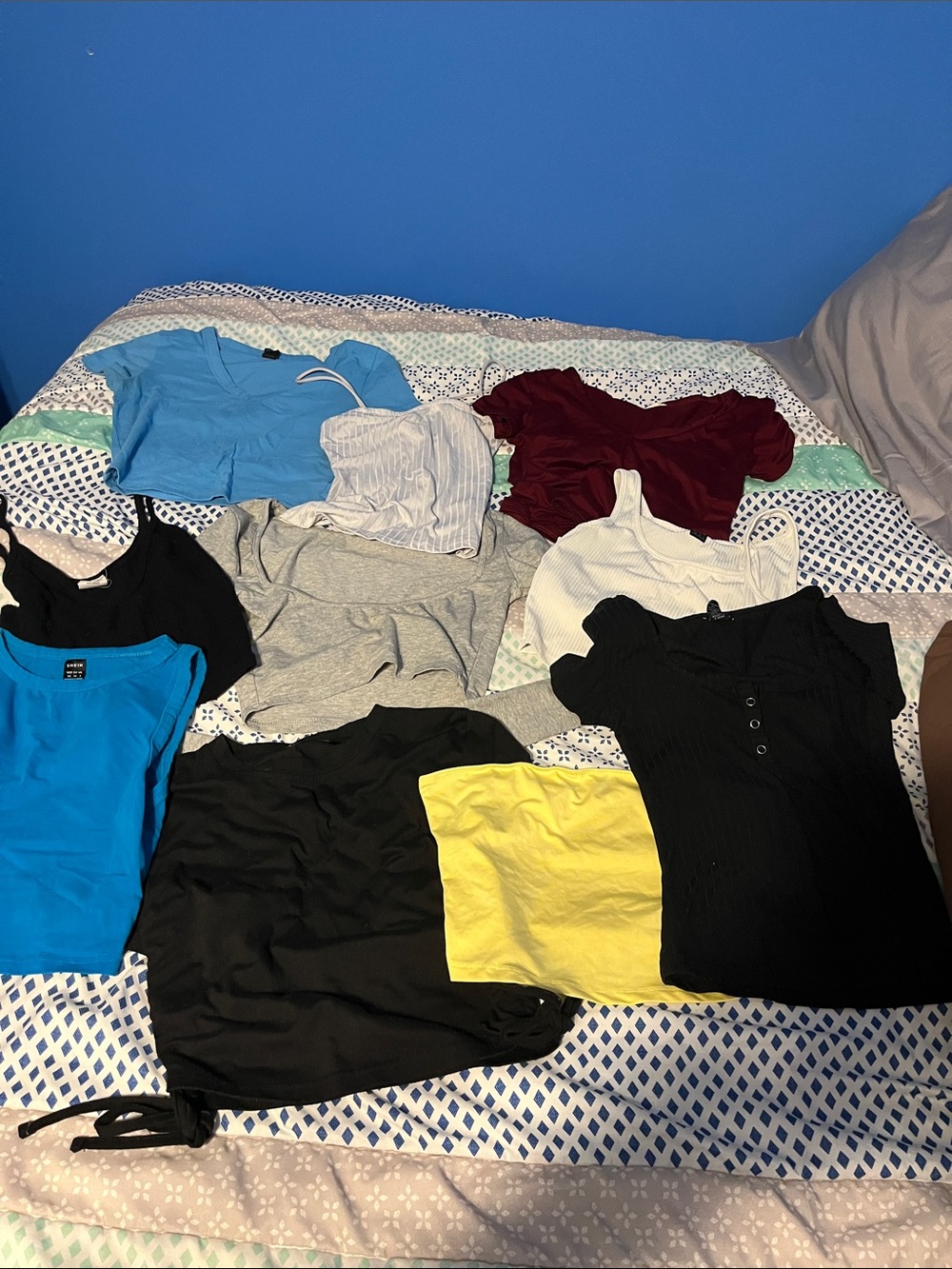 10 crop tops - Blue, Black, Maroon, Yellow & More, mostly SHEIN and rue 21